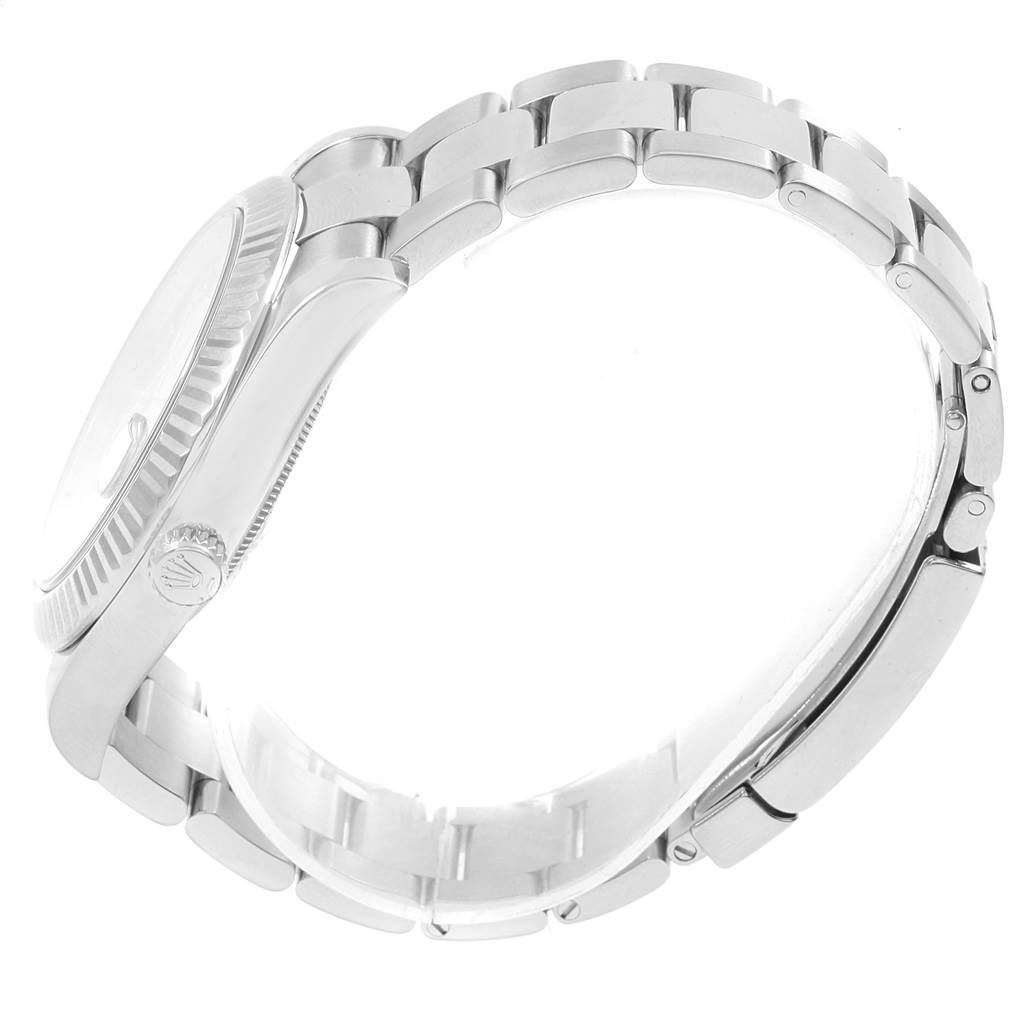 The image shows a side view of the Rolex Datejust 41 116334 Men
s Stainless Steel Grey Dial 116334 Men
s Stainless Steel Grey Dial, highlighting its case, crown, and bracelet.