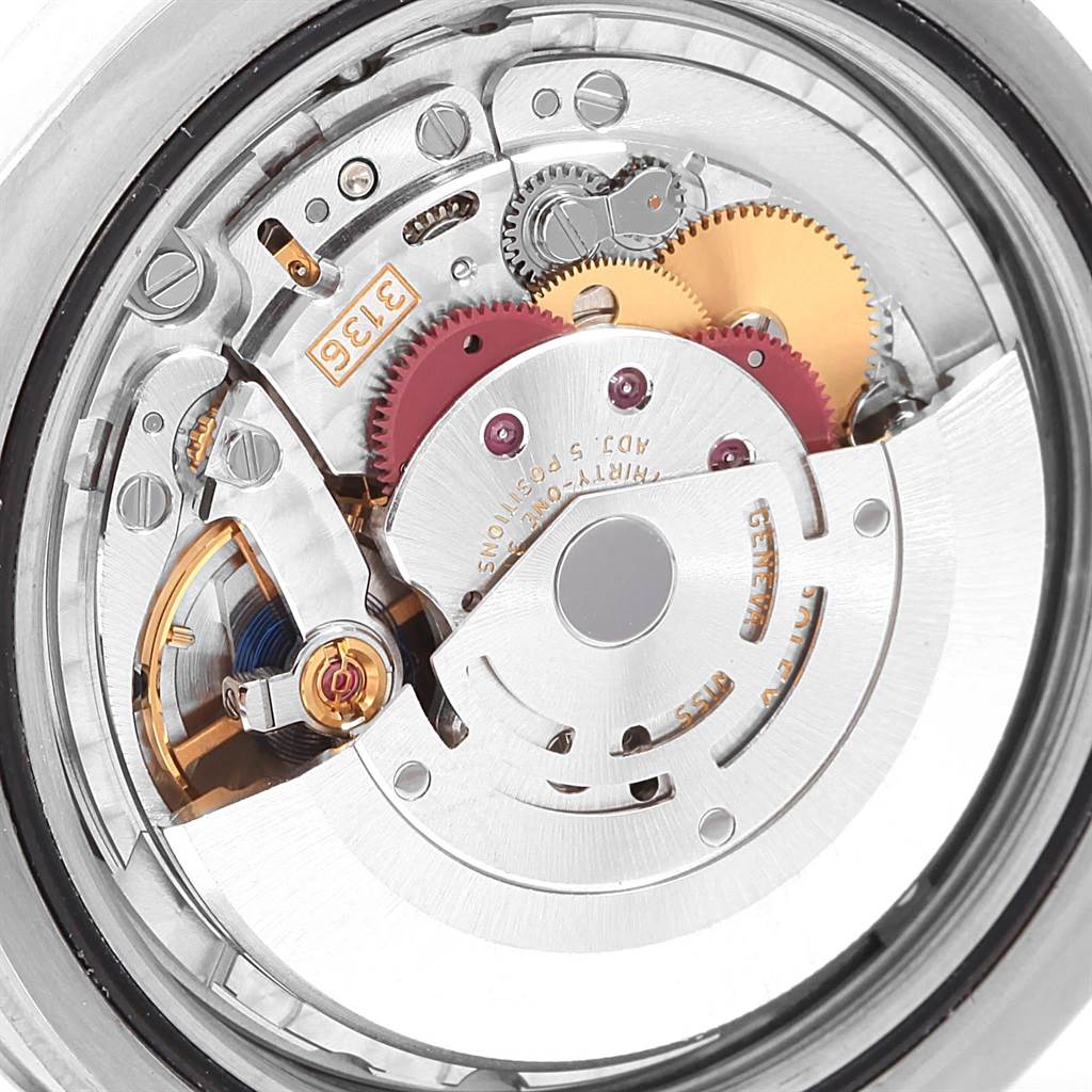 This image shows a detailed close-up view of the inner mechanical movement of a Rolex Datejust 41 116334 Men
s Stainless Steel Grey Dial 116334 Men
s Stainless Steel Grey Dial watch.