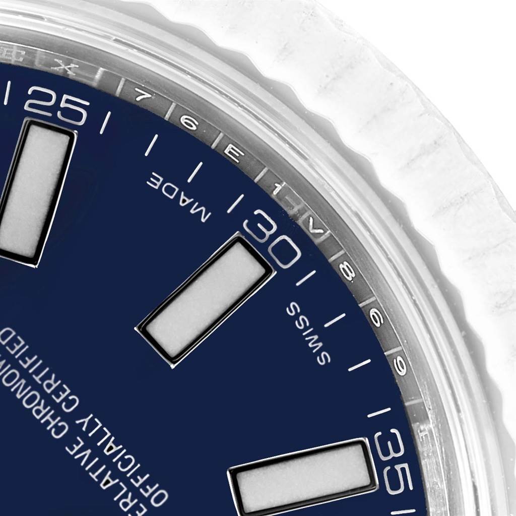 This image shows a close-up of the dial and part of the bezel of a Rolex Datejust 41 116334 Men's Stainless Steel Blue Dial 116334 Men's Stainless Steel Blue Dial watch.