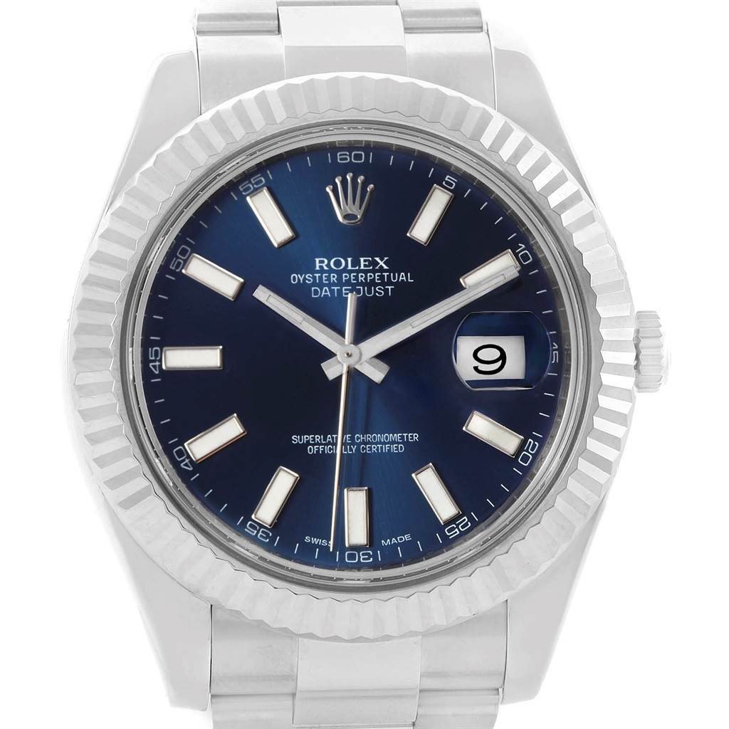 The image shows a front view of the Rolex Datejust 41 116334 Men's Stainless Steel Blue Dial 116334 Men's Stainless Steel Blue Dial watch, highlighting its blue dial, fluted bezel, and date window.