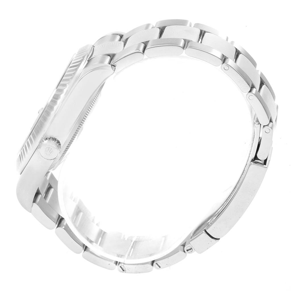 The image shows a side profile of a Rolex Datejust 41 116334 Men's Stainless Steel Blue Dial 116334 Men's Stainless Steel Blue Dial watch, highlighting the bracelet, case, and crown.