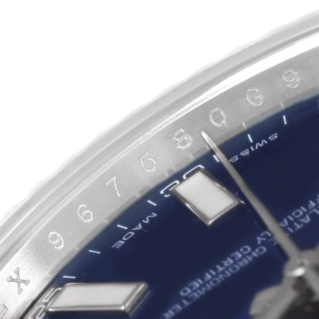 The image shows a close-up of the dial, bezel, and part of the hour markers of the Rolex Datejust 41 116334 Men's Stainless Steel Blue Dial 116334 Men's Stainless Steel Blue Dial watch.