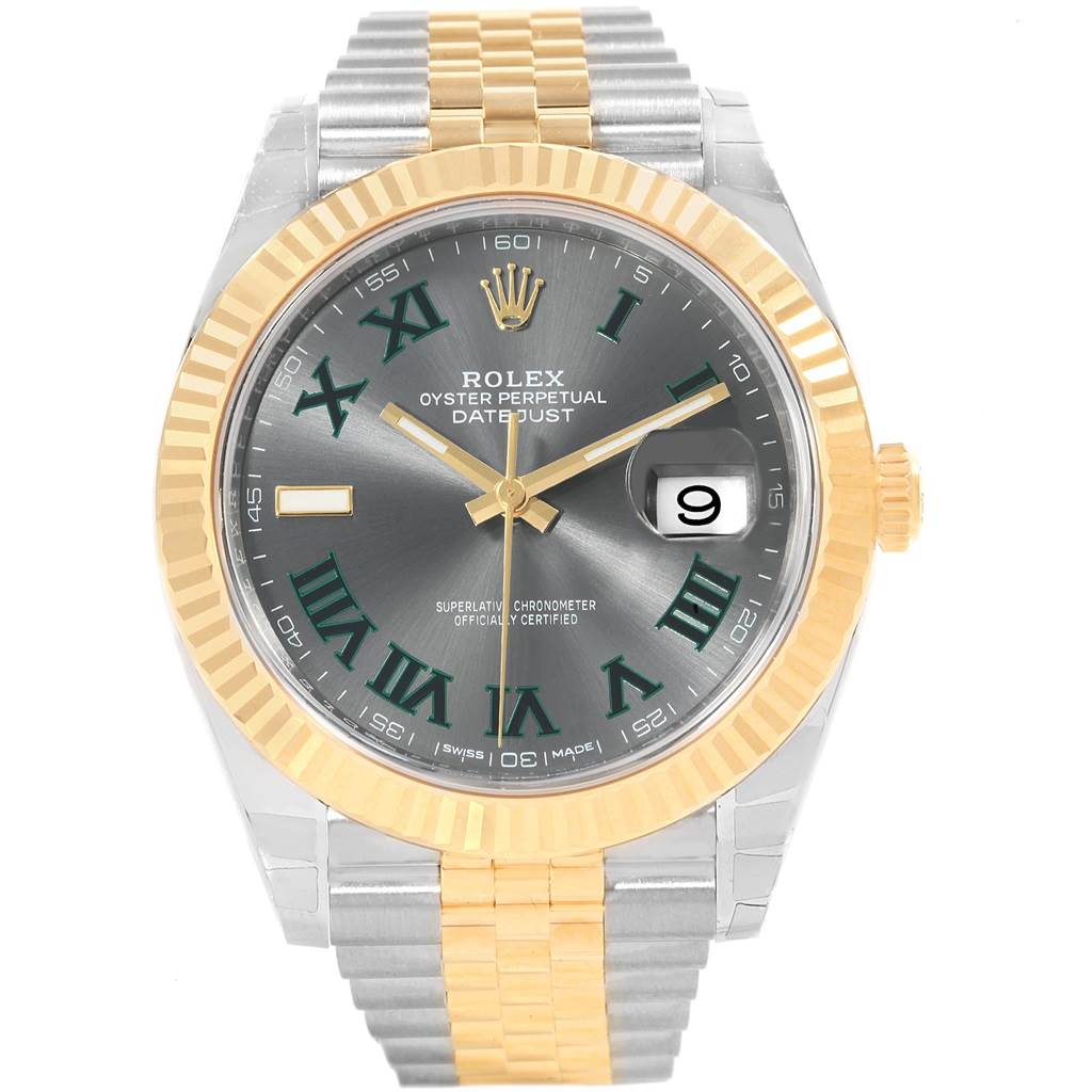 This image shows a Rolex Datejust 41 126333 Men's Steel and Gold (two tone) Grey Dial 126333 Men's Steel and Gold (two tone) Grey Dial model watch from a front-facing angle, highlighting its gray dial, Roman numerals, and two-tone bracelet.