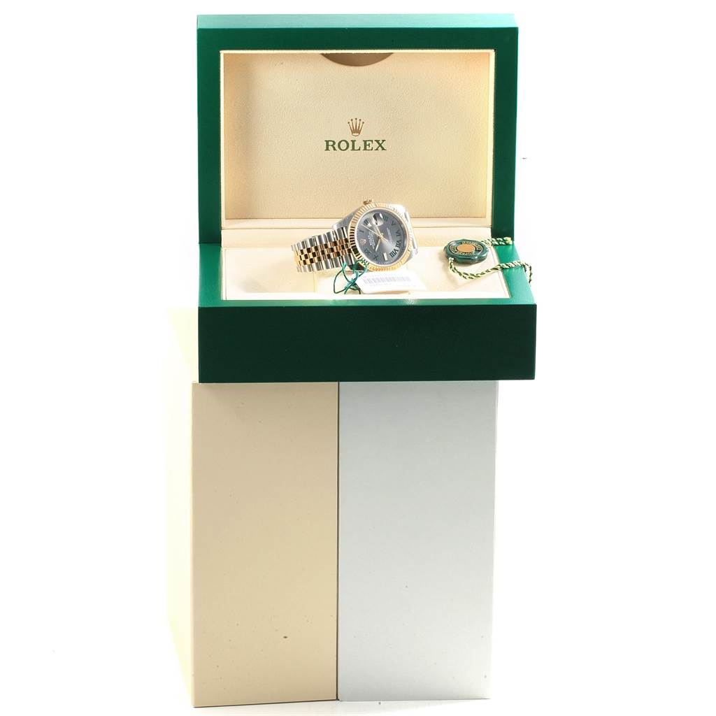 This image shows a Rolex Datejust 41 126333 Men's Steel and Gold (two tone) Grey Dial 126333 Men's Steel and Gold (two tone) Grey Dial watch in its open green and beige box, including the watch and its green tag.