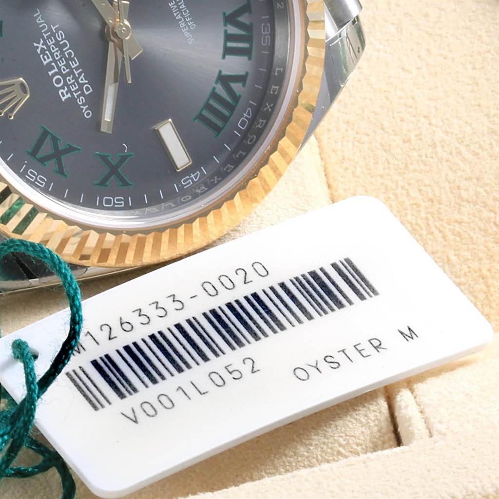 The image shows a close-up of the face and bezel of a Rolex Datejust 41 126333 Men's Steel and Gold (two tone) Grey Dial 126333 Men's Steel and Gold (two tone) Grey Dial watch, alongside a tag with a reference number.