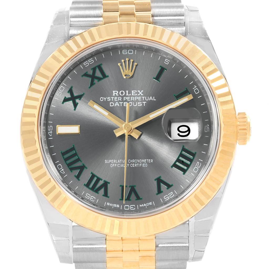 This Rolex Datejust 41 126333 Men's Steel and Gold (two tone) Grey Dial 126333 Men's Steel and Gold (two tone) Grey Dial watch is shown from the front, displaying the dial, hands, date window, and two-tone bracelet.