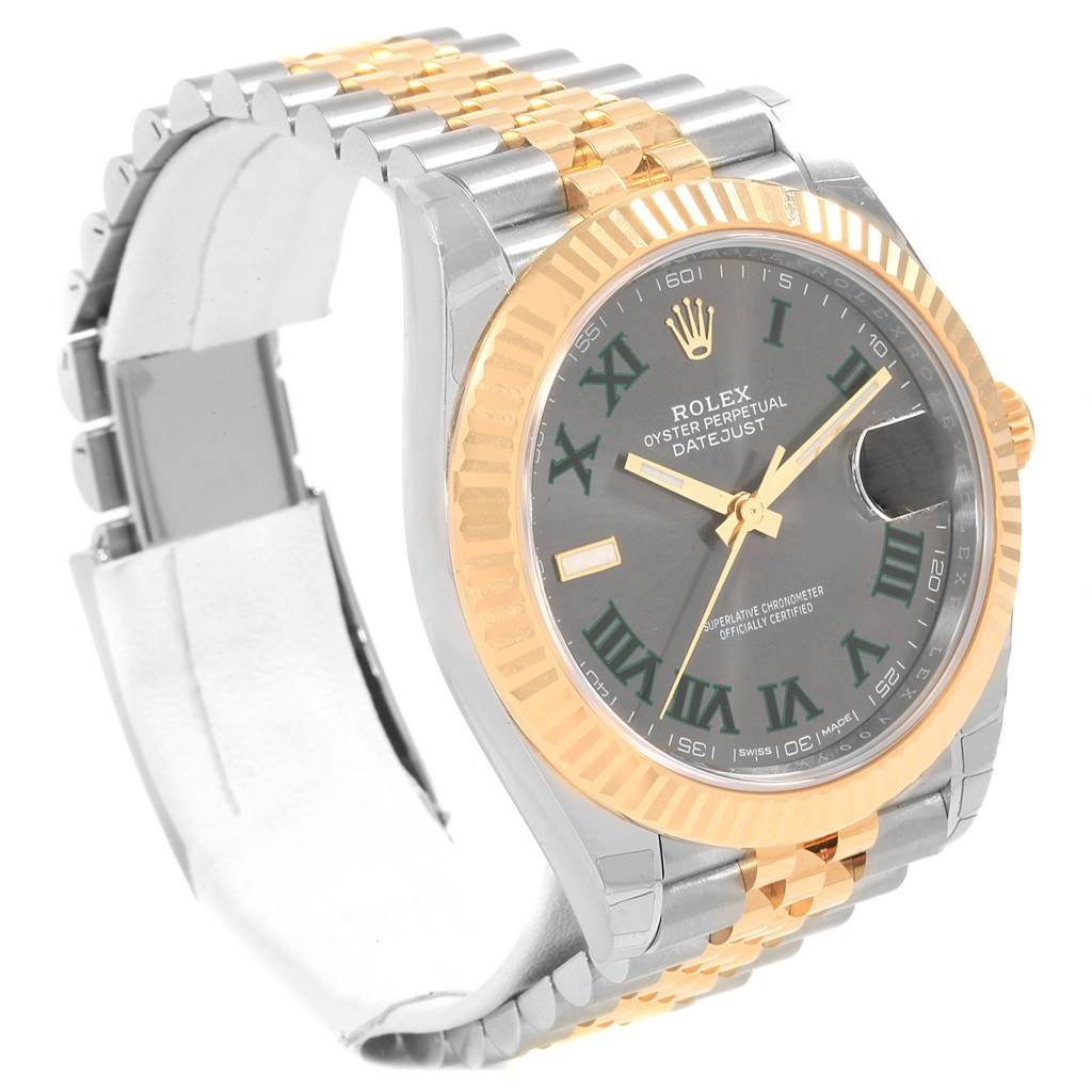 The image shows a Rolex Datejust 41 126333 Men's Steel and Gold (two tone) Grey Dial 126333 Men's Steel and Gold (two tone) Grey Dial watch from a three-quarter angle, featuring its bezel, dial, and bracelet.