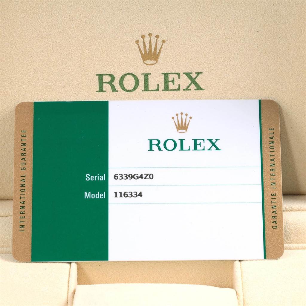 This image shows the guarantee card for a Rolex Datejust 41 116334 Men's Stainless Steel Grey Dial 116334 Men's Stainless Steel Grey Dial model with serial number 6339G4Z0 and model number 116334.