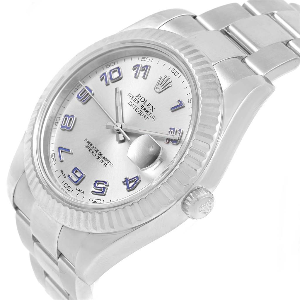 The image shows a side and front view of the Rolex Datejust 41 116334 Men's Stainless Steel Grey Dial 116334 Men's Stainless Steel Grey Dial watch, featuring its dial, bezel, case, bracelet, and crown.