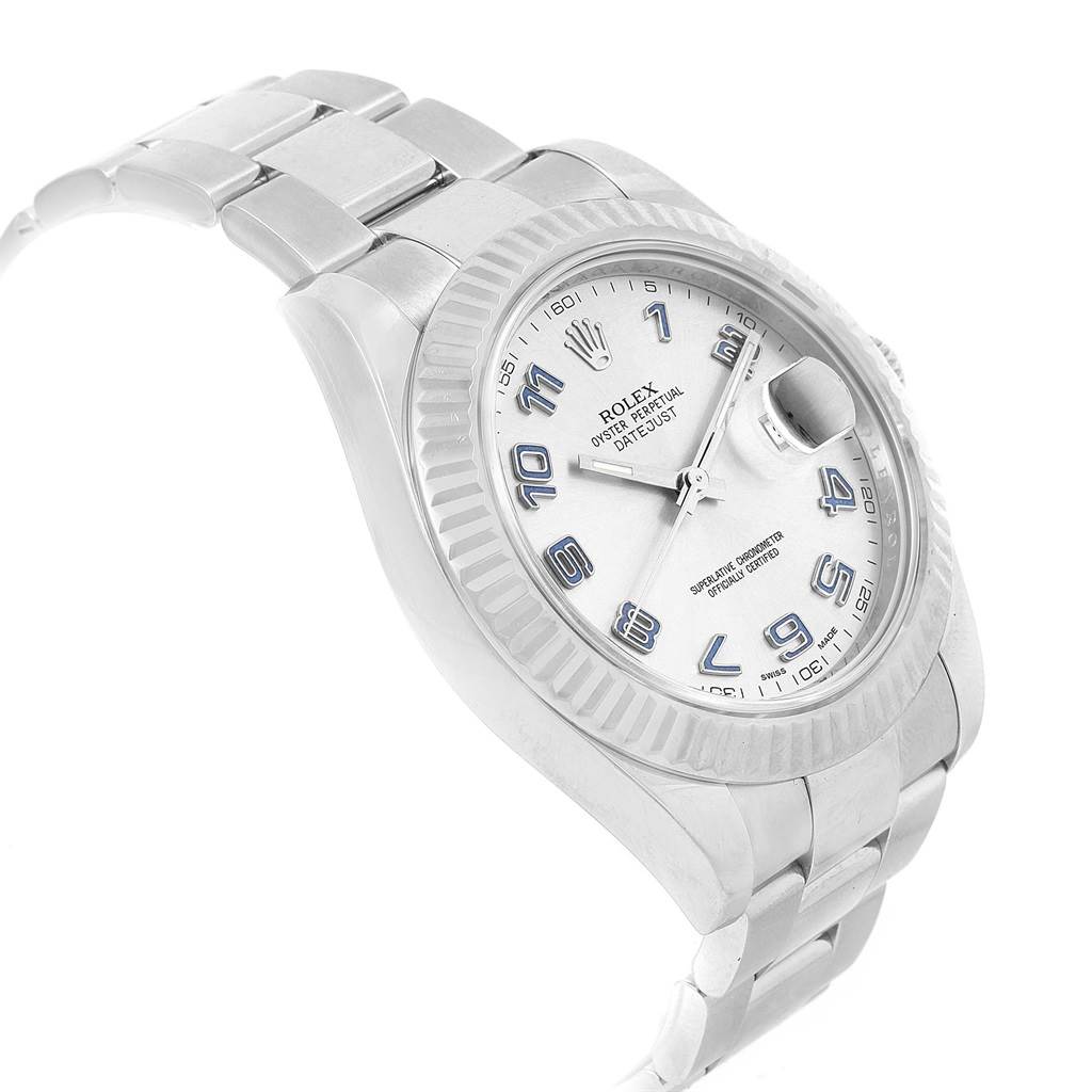 The image shows a Datejust 41 model by Rolex from a slightly tilted side angle, displaying the dial, bezel, and part of the bracelet.