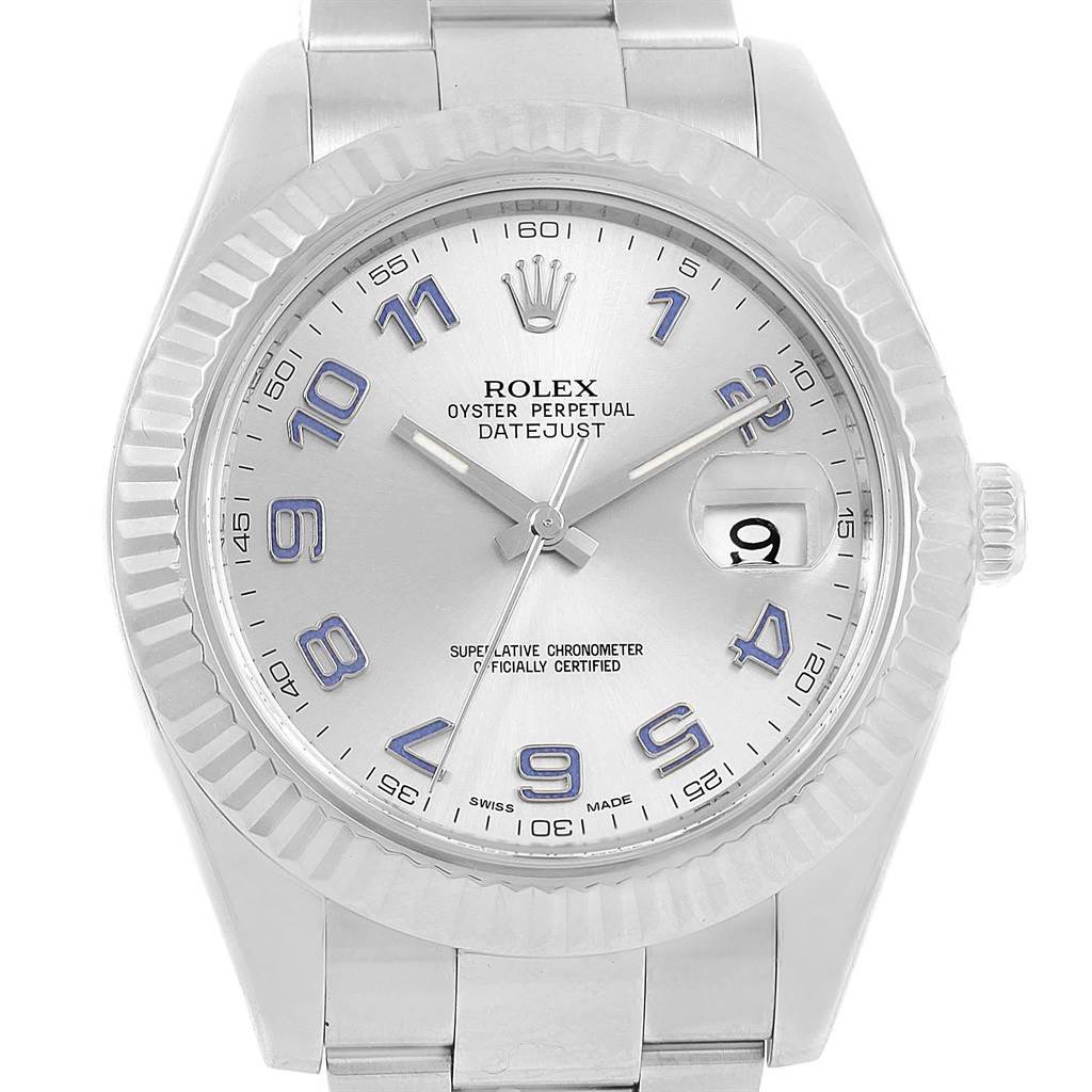 This image shows a frontal view of the Rolex Datejust 41 116334 Men's Stainless Steel Grey Dial 116334 Men's Stainless Steel Grey Dial watch, highlighting the dial, fluted bezel, and bracelet.