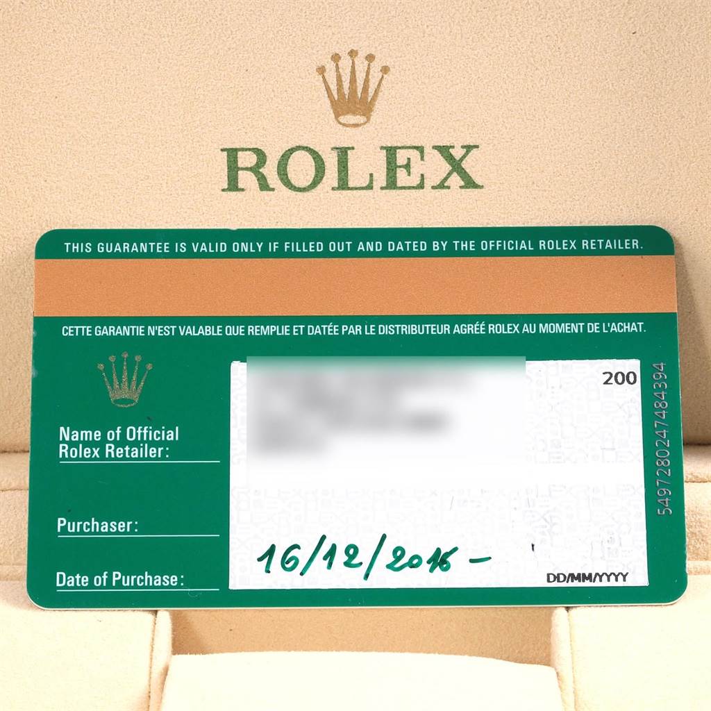 The image shows a warranty card for the Rolex Datejust 41 116334 Men's Stainless Steel Grey Dial 116334 Men's Stainless Steel Grey Dial model, with purchase details partially visible.