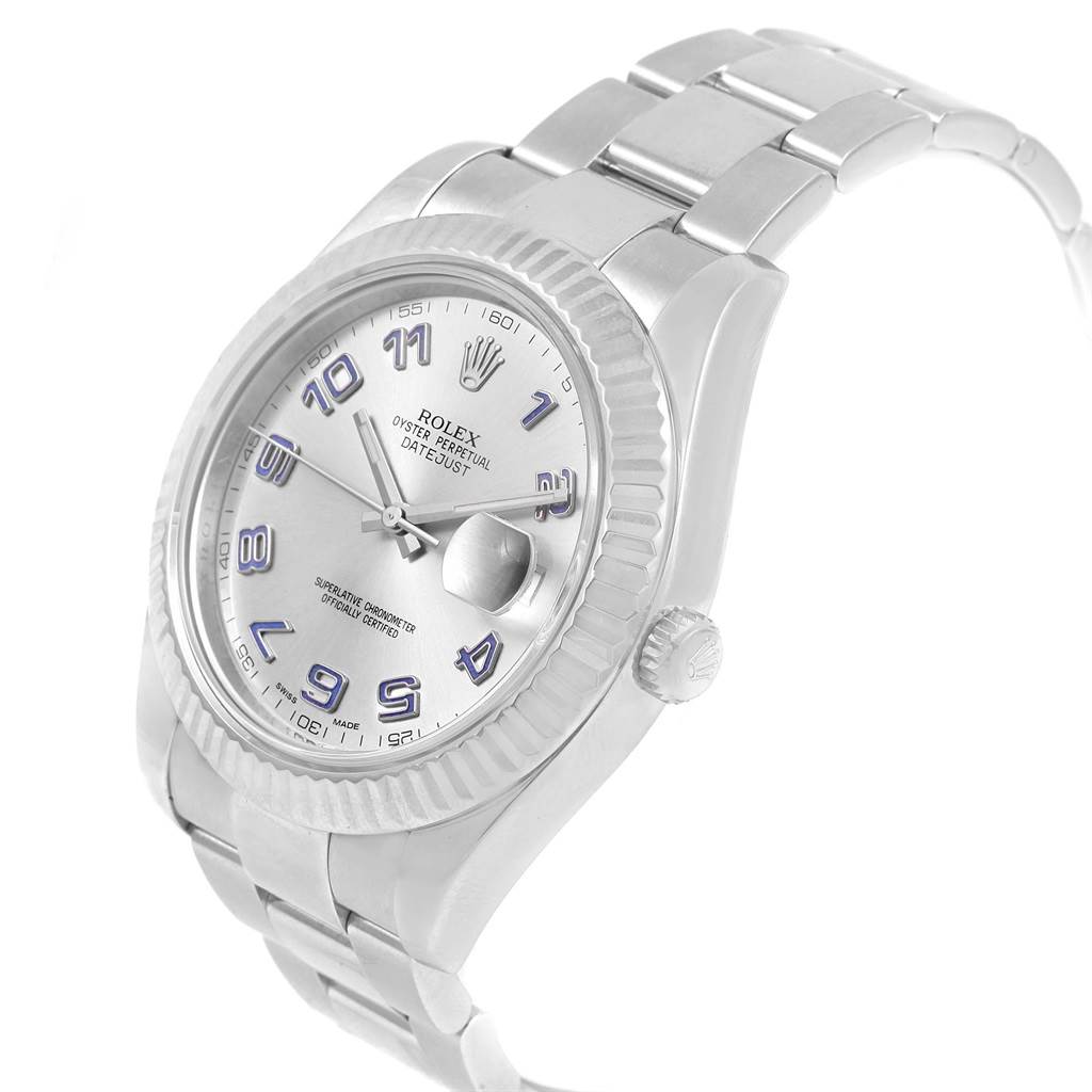 The Rolex Datejust 41 116334 Men's Stainless Steel Grey Dial 116334 Men's Stainless Steel Grey Dial watch is shown at an angled side view, highlighting the dial, crown, and part of the bracelet.