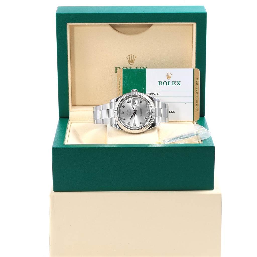 The Rolex Datejust 41 116334 Men's Stainless Steel Silver Dial 116334 Men's Stainless Steel Silver Dial is shown from a front angle in its open green box with warranty card visible.