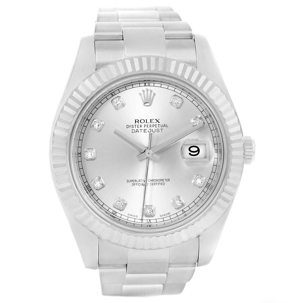 The Rolex Datejust 41 116334 Men's Stainless Steel Silver Dial 116334 Men's Stainless Steel Silver Dial watch is shown from a front angle, highlighting its dial, bezel, and bracelet.