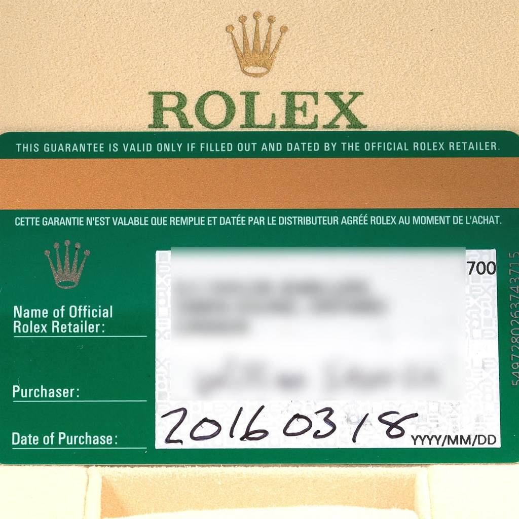 This image shows the warranty card for a Rolex Datejust 41 116334 Men's Stainless Steel Silver Dial 116334 Men's Stainless Steel Silver Dial with relevant purchase details.