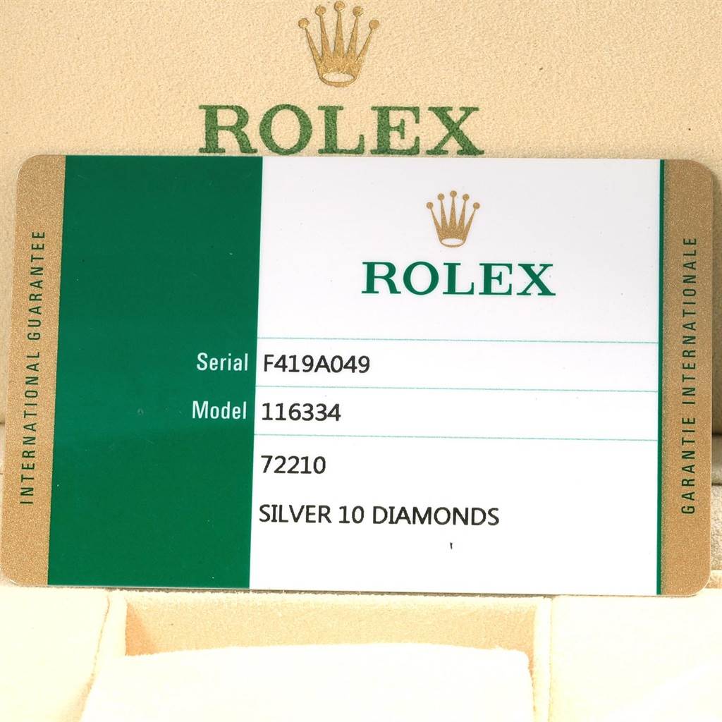 The image shows the warranty card for the Rolex Datejust 41 116334 Men's Stainless Steel Silver Dial 116334 Men's Stainless Steel Silver Dial model, including its serial number and model details.