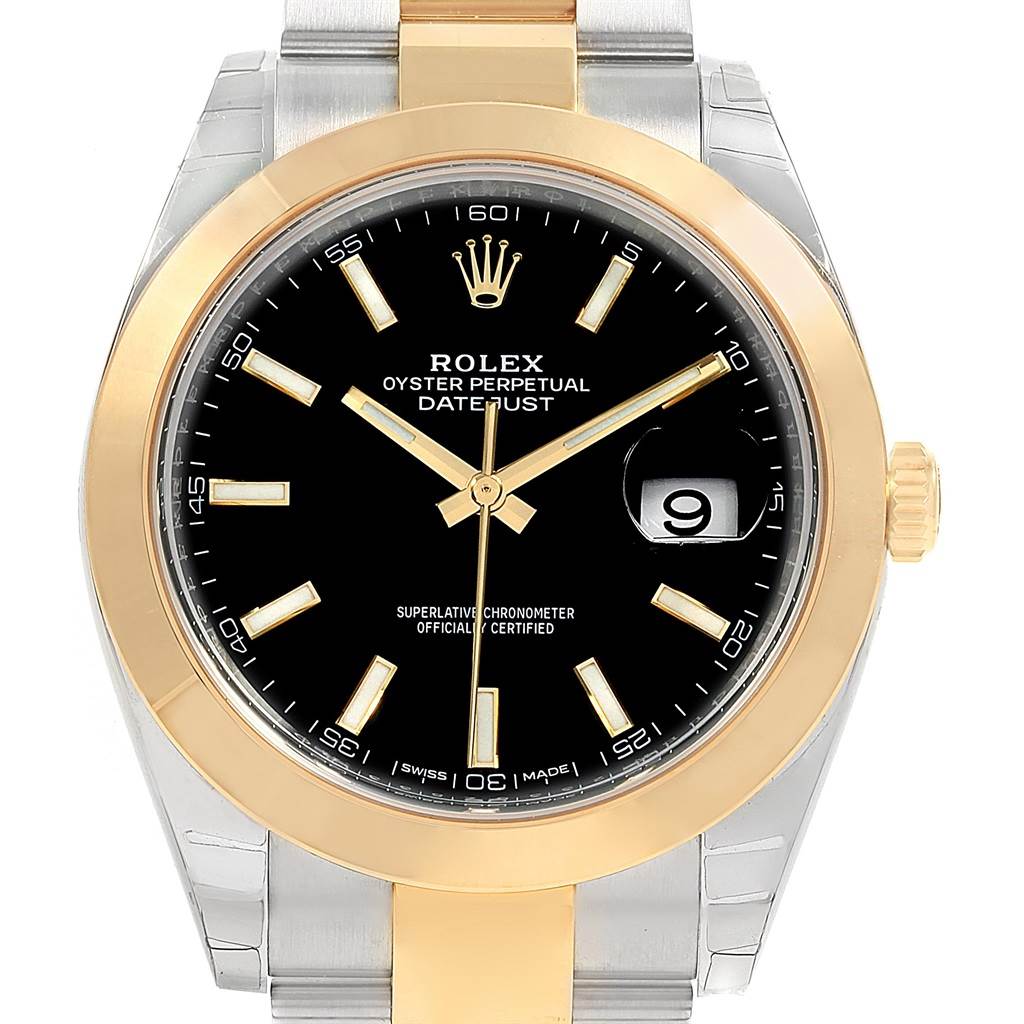 The image shows a front view of the Rolex Datejust 41 126303 Men's Steel and Gold (two tone) Black Dial 126303 Men's Steel and Gold (two tone) Black Dial watch, featuring its black dial, gold bezel, and two-tone bracelet.