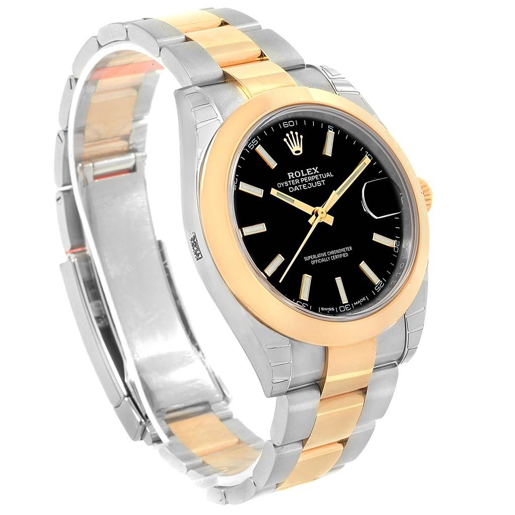 This image shows a Rolex Datejust 41 126303 Men's Steel and Gold (two tone) Black Dial 126303 Men's Steel and Gold (two tone) Black Dial watch angled to display its face, bezel, and two-tone (gold and stainless steel) bracelet.