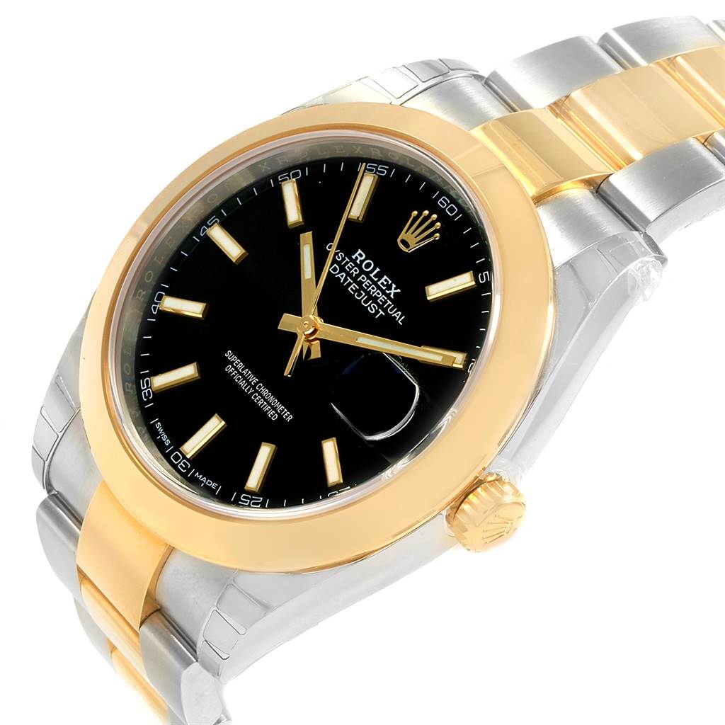 This image shows the Rolex Datejust 41 126303 Men's Steel and Gold (two tone) Black Dial 126303 Men's Steel and Gold (two tone) Black Dial watch from an angled view, highlighting the black dial, gold bezel, and two-tone bracelet.