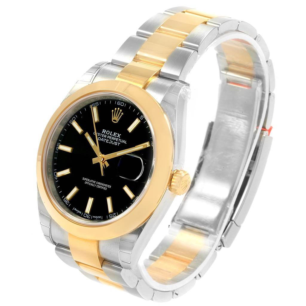 The Rolex Datejust 41 126303 Men's Steel and Gold (two tone) Black Dial 126303 Men's Steel and Gold (two tone) Black Dial watch is shown from an angle highlighting its black dial and two-tone metal bracelet.
