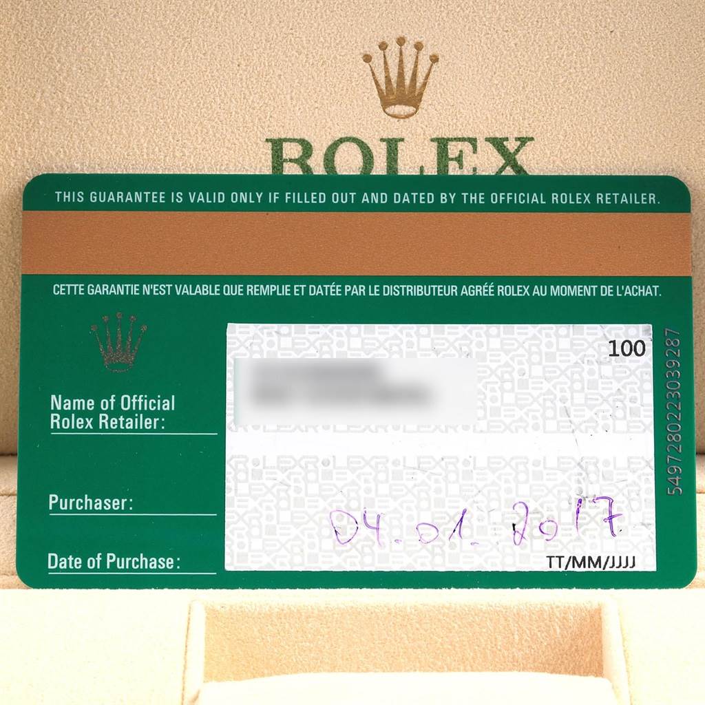 The image shows the warranty card of a Rolex Datejust 41 126303 Men's Steel and Gold (two tone) Black Dial 126303 Men's Steel and Gold (two tone) Black Dial, with the brand logo and purchase details.