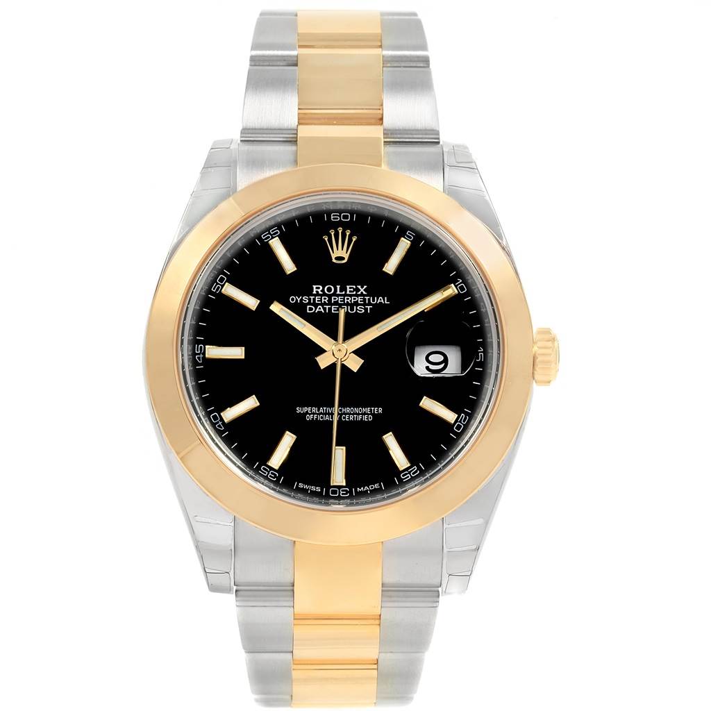 This image shows a Rolex Datejust 41 126303 Men's Steel and Gold (two tone) Black Dial 126303 Men's Steel and Gold (two tone) Black Dial model watch from a front view, displaying its black dial, date window, and two-tone bracelet.