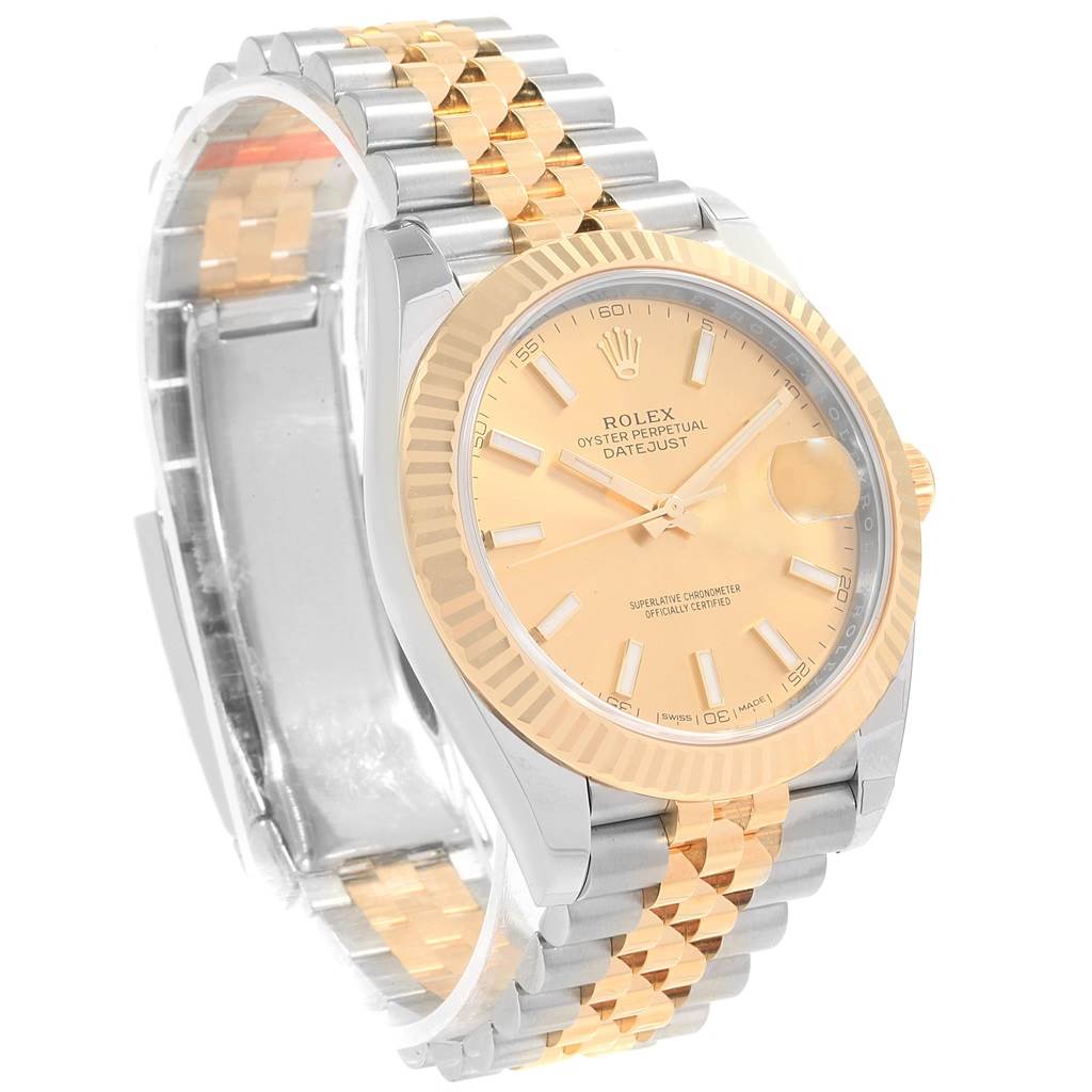 This image shows a Rolex Datejust 41 126333 Men
s Steel and Gold (two tone) Champagne Dial 126333 Men
s Steel and Gold (two tone) Champagne Dial model watch from an angled side view, highlighting its stainless steel and gold bracelet along with the face.