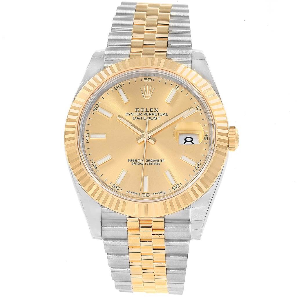 This image shows a Rolex Datejust 41 126333 Men
s Steel and Gold (two tone) Champagne Dial 126333 Men
s Steel and Gold (two tone) Champagne Dial model at a straight-on angle, highlighting the dial, bezel, and bracelet.