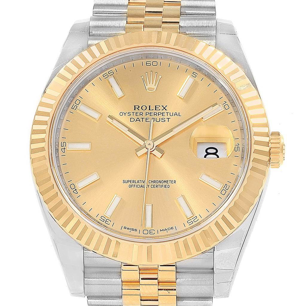 This image shows a front view of a Rolex Datejust 41 126333 Men
s Steel and Gold (two tone) Champagne Dial 126333 Men
s Steel and Gold (two tone) Champagne Dial, highlighting the dial, fluted bezel, and Jubilee bracelet.
