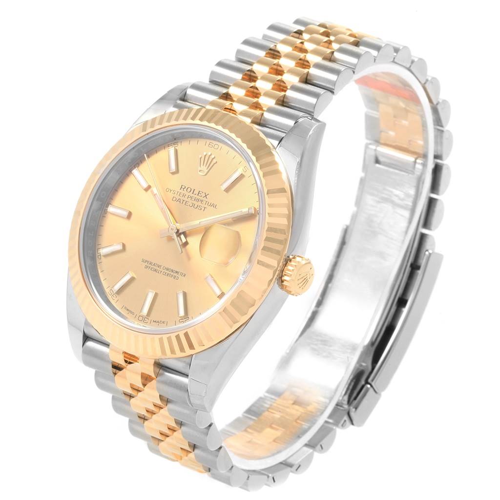 The Rolex Datejust 41 126333 Men
s Steel and Gold (two tone) Champagne Dial 126333 Men
s Steel and Gold (two tone) Champagne Dial is shown at an angled view, displaying its face, bezel, bracelet, and clasp.