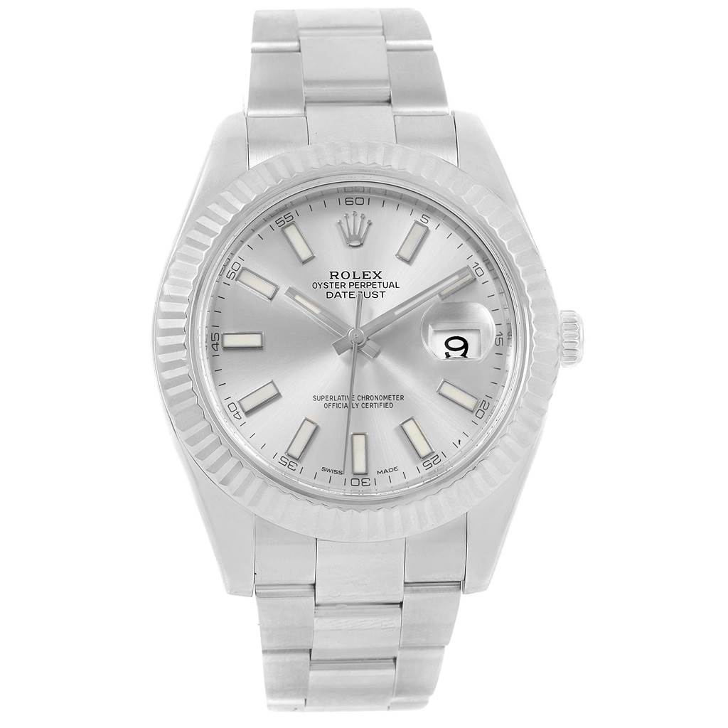 The image shows a front view of the Rolex Datejust 41 116334 Men's Stainless Steel Silver Dial 116334 Men's Stainless Steel Silver Dial model, displaying the dial, bezel, and bracelet.