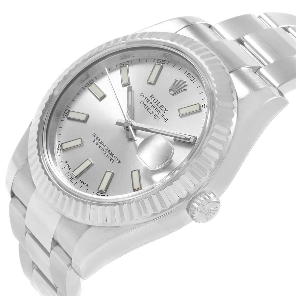 This image shows a close-up of the Rolex Datejust 41 116334 Men's Stainless Steel Silver Dial 116334 Men's Stainless Steel Silver Dial watch from an angled perspective, highlighting the silver dial, bezel, and bracelet.