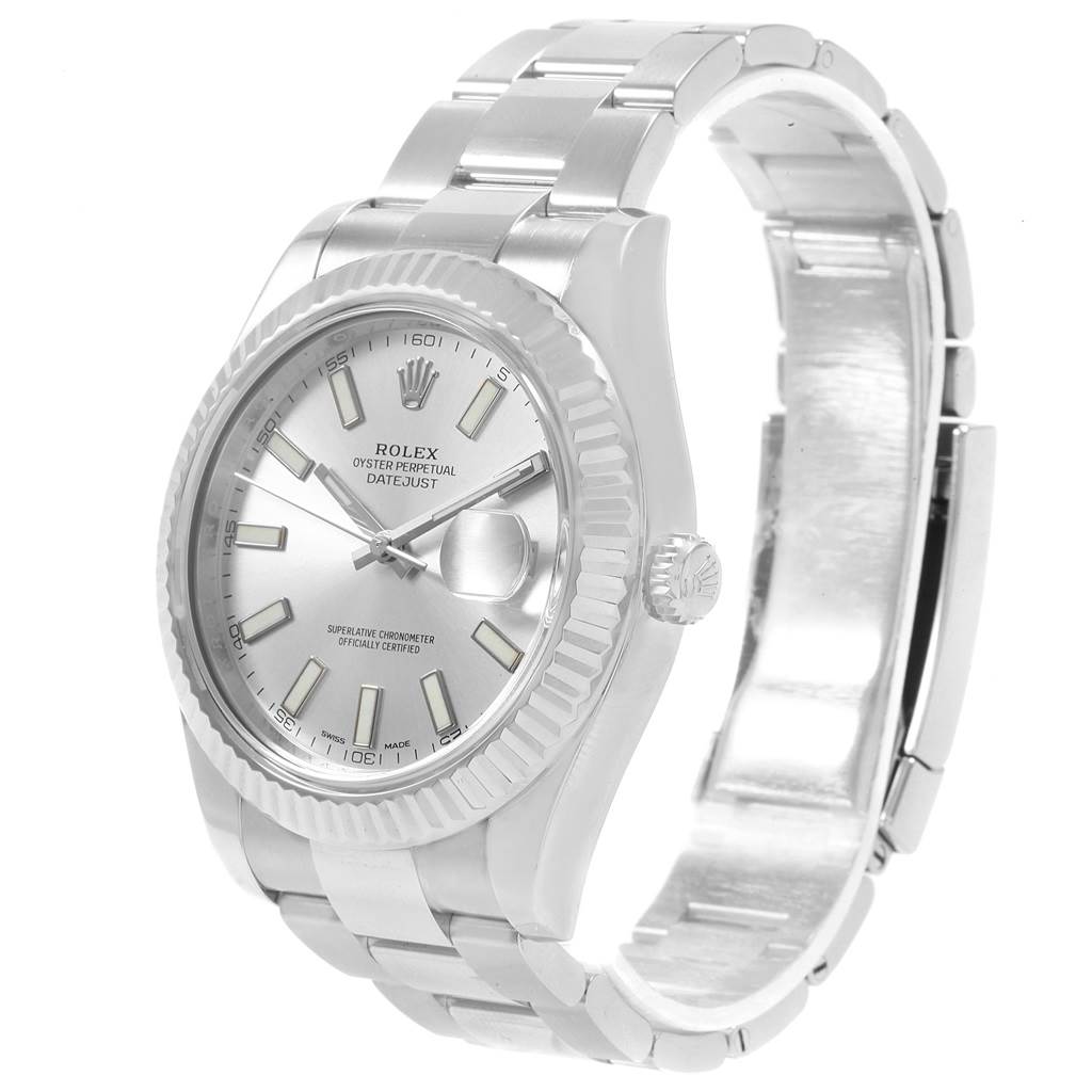 The Rolex Datejust 41 116334 Men's Stainless Steel Silver Dial 116334 Men's Stainless Steel Silver Dial watch is shown at a three-quarter angle, displaying the dial, bezel, crown, and part of the bracelet.