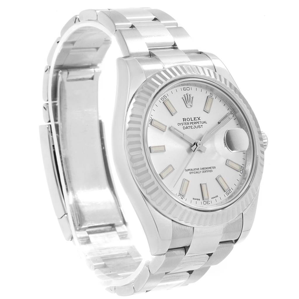 The image shows a Rolex Datejust 41 116334 Men's Stainless Steel Silver Dial 116334 Men's Stainless Steel Silver Dial watch from an angled front view, highlighting the face, bezel, and bracelet.