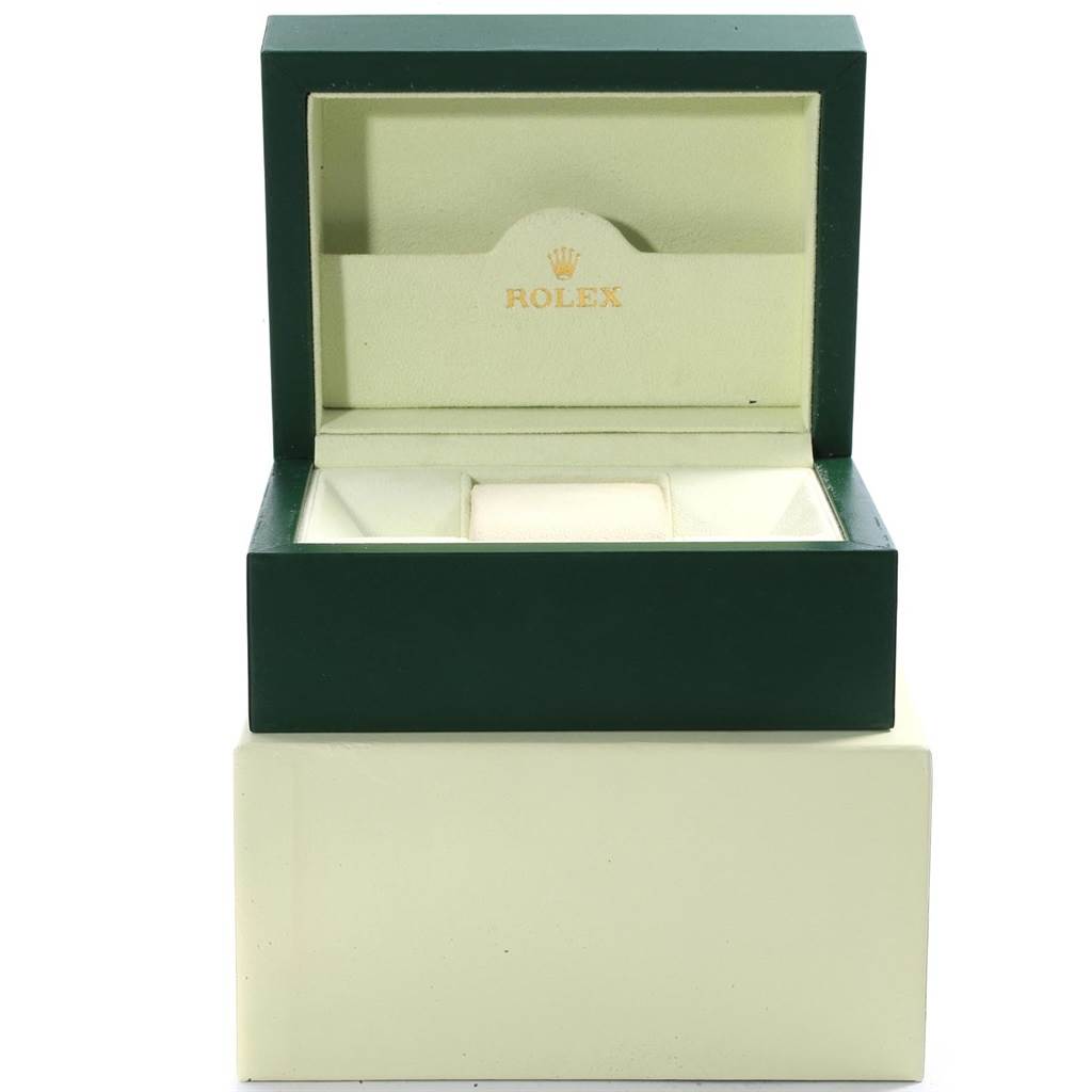 This image shows an empty open box for a Rolex Datejust 41 116334 Men's Stainless Steel Black Dial 116334 Men's Stainless Steel Black Dial watch, with the Rolex logo visible inside the lid.