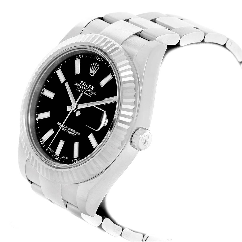The image shows a Rolex Datejust 41 116334 Men's Stainless Steel Black Dial 116334 Men's Stainless Steel Black Dial from a three-quarter angle, highlighting the dial, bezel, crown, and bracelet.