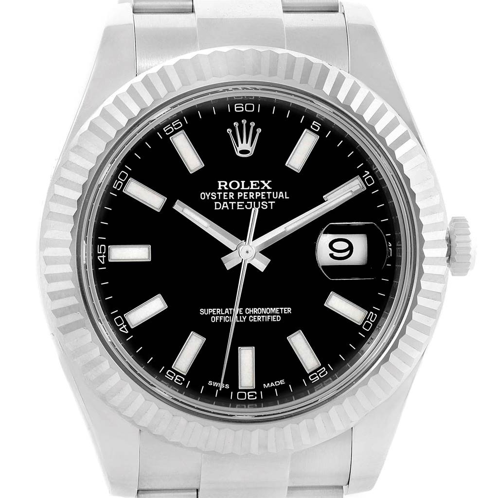 This image shows a front view of the Rolex Datejust 41 116334 Men's Stainless Steel Black Dial 116334 Men's Stainless Steel Black Dial watch, highlighting the dial, bezel, hands, and part of the bracelet.