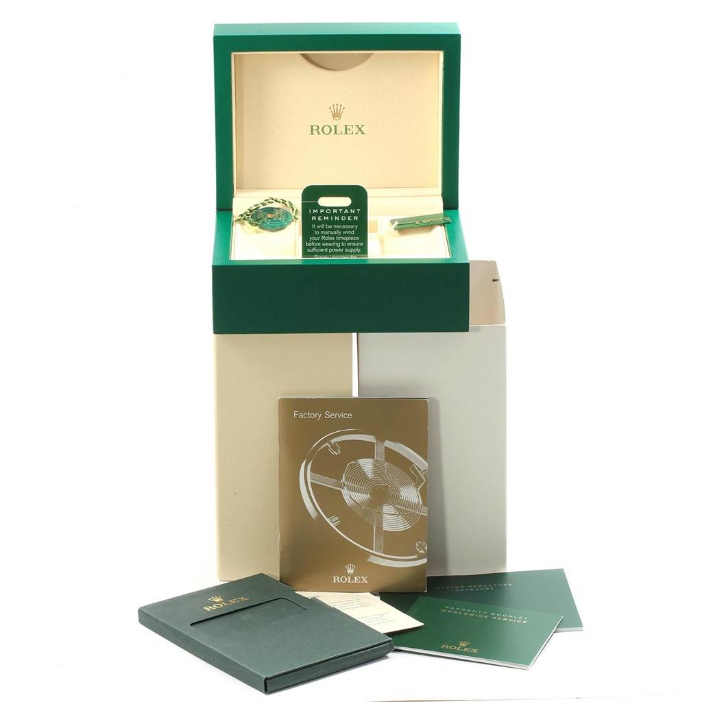 The image shows a Rolex Datejust 41 116300 Men's Stainless Steel Blue Dial 116300 Men's Stainless Steel Blue Dial packaging box with various accessories and documentation displayed.