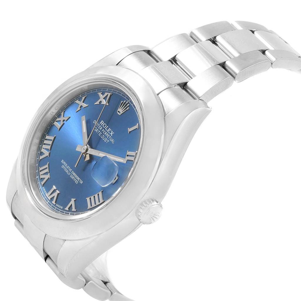 The image shows a side angle view of a Rolex Datejust 41 116300 Men's Stainless Steel Blue Dial 116300 Men's Stainless Steel Blue Dial watch, highlighting the blue dial, stainless steel case, and bracelet.