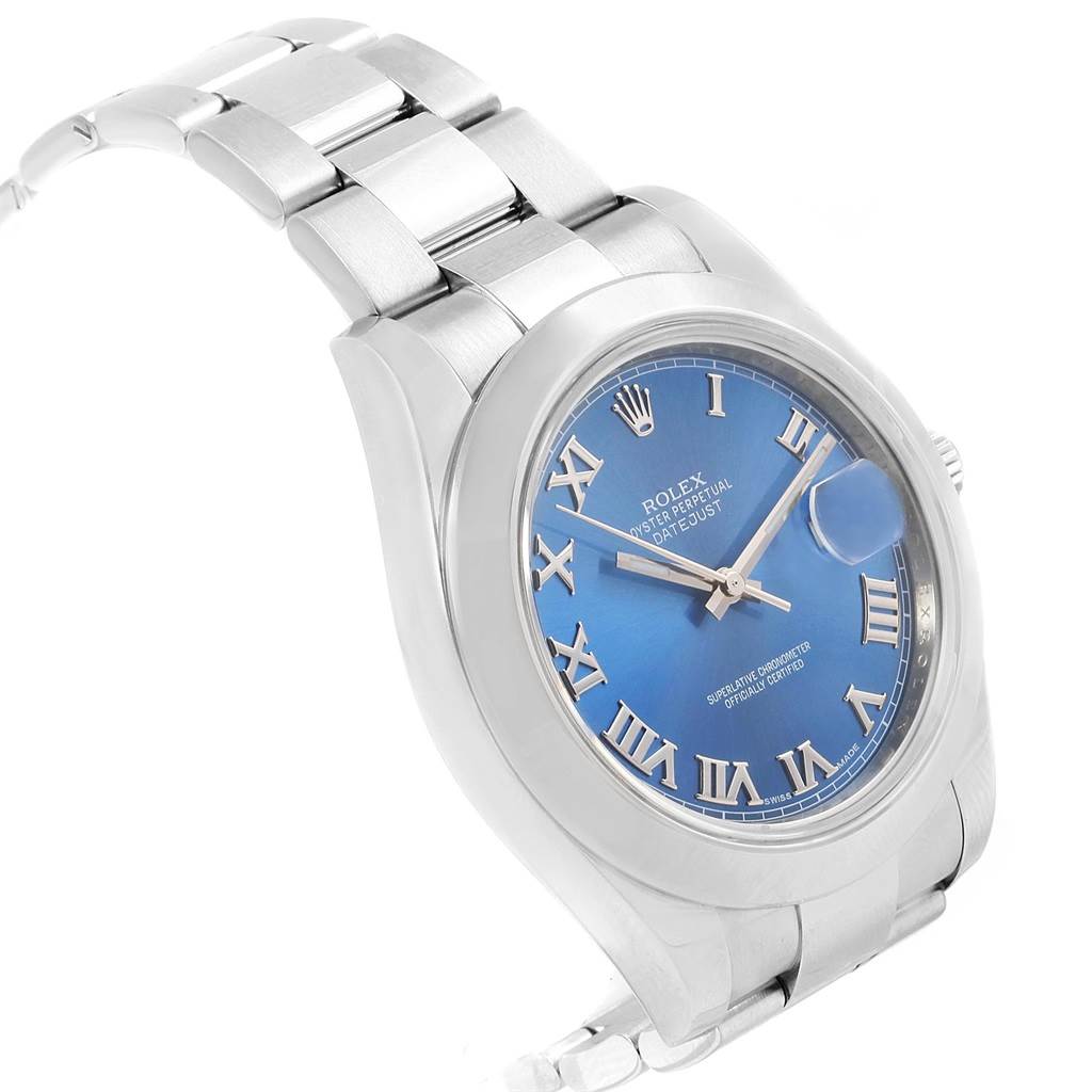 This image shows a Rolex Datejust 41 116300 Men's Stainless Steel Blue Dial 116300 Men's Stainless Steel Blue Dial model watch at an angled perspective, highlighting its blue dial, Roman numerals, and metal bracelet.