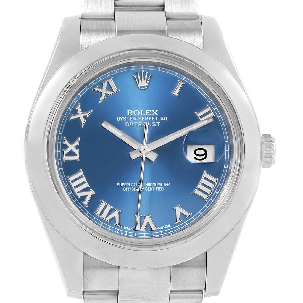 This is a front view of a Rolex Datejust 41 116300 Men's Stainless Steel Blue Dial 116300 Men's Stainless Steel Blue Dial watch, showcasing its blue dial, Roman numerals, and metal bracelet.