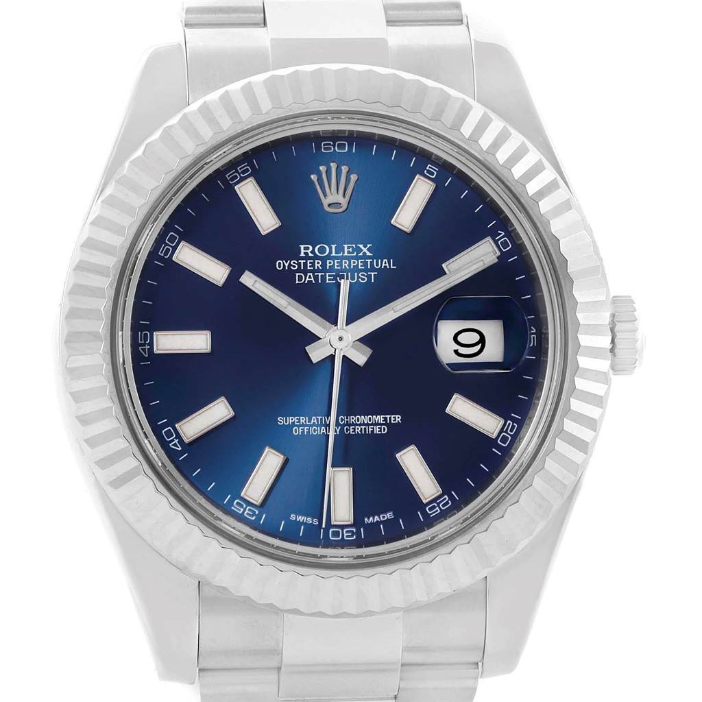 The image shows a frontal view of the Rolex Datejust 41 116334 Men's Stainless Steel Blue Dial 116334 Men's Stainless Steel Blue Dial watch, highlighting its blue dial, fluted bezel, and date window.
