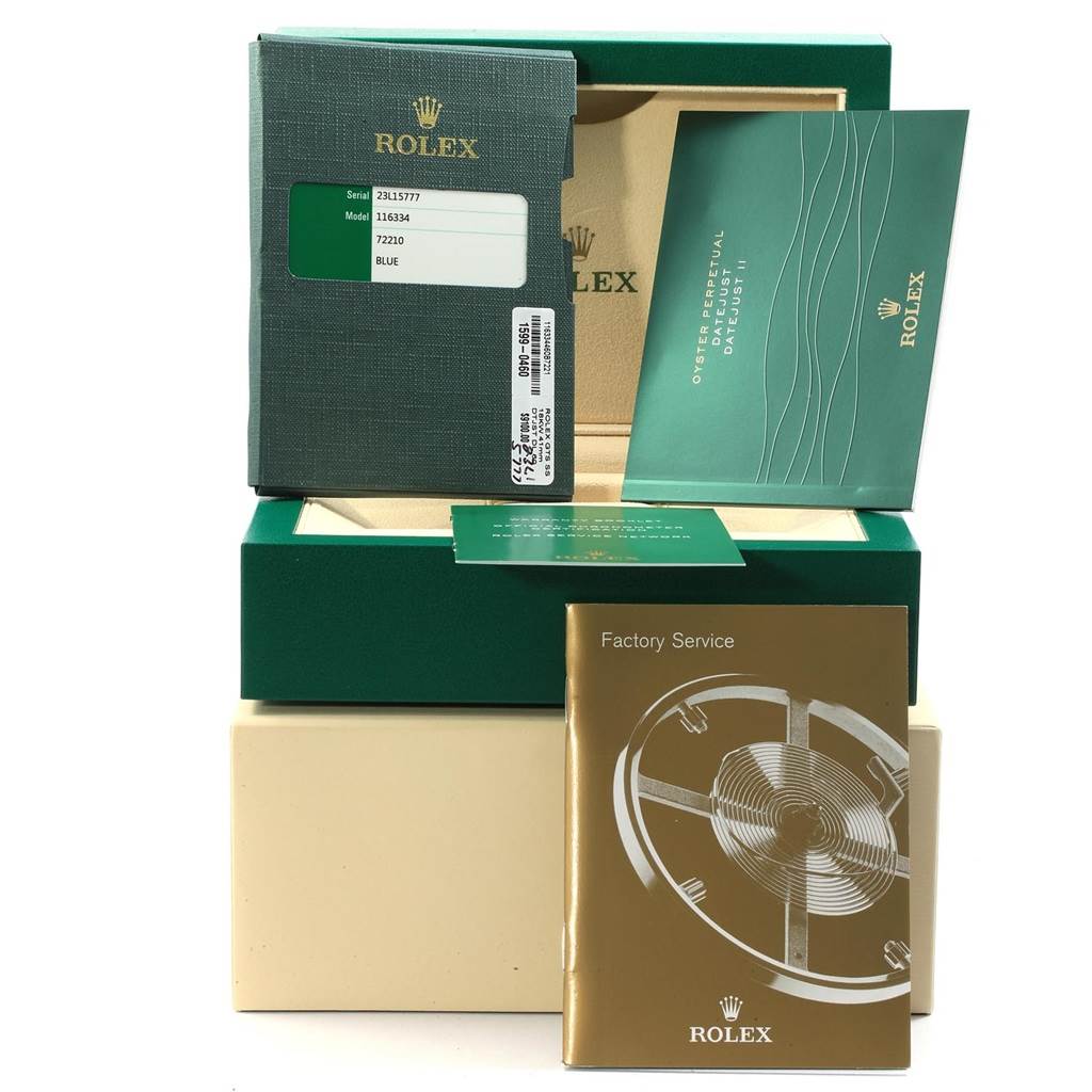 The image shows the box, warranty card, and manuals for a Rolex Datejust 41 116334 Men's Stainless Steel Blue Dial 116334 Men's Stainless Steel Blue Dial watch.