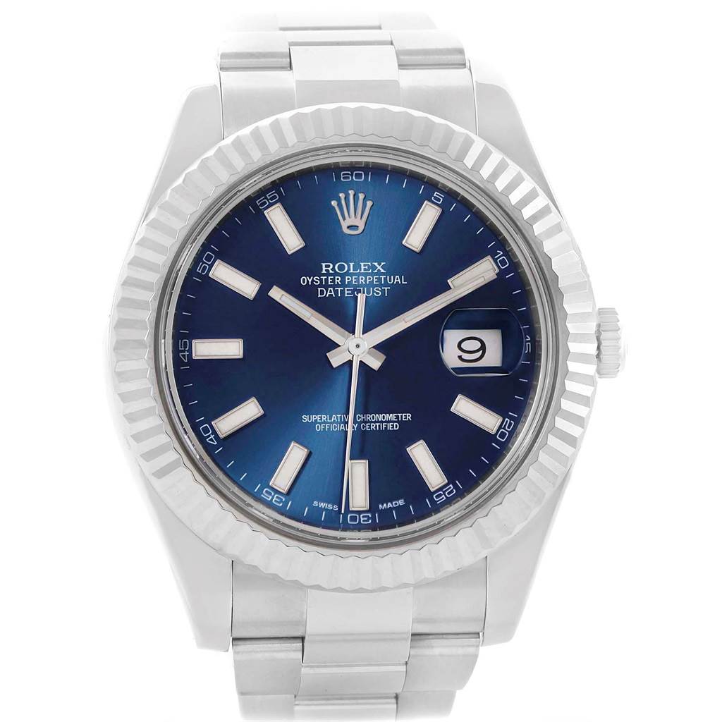 The image shows a frontal view of the Rolex Datejust 41 116334 Men's Stainless Steel Blue Dial 116334 Men's Stainless Steel Blue Dial watch, highlighting its blue dial, hands, bezel, and bracelet.