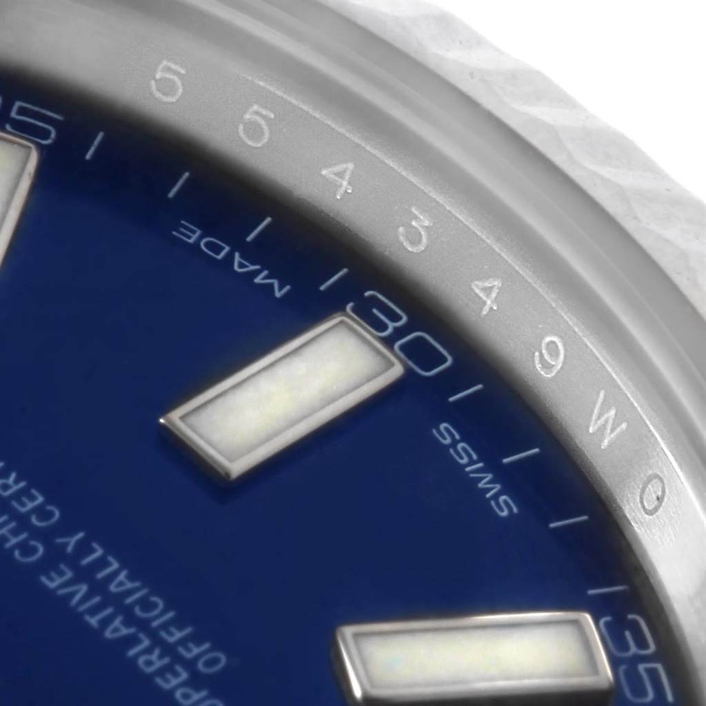 The image shows a detailed close-up of the dial and bezel of a Rolex Datejust 41 116334 Men's Stainless Steel Blue Dial 116334 Men's Stainless Steel Blue Dial watch.