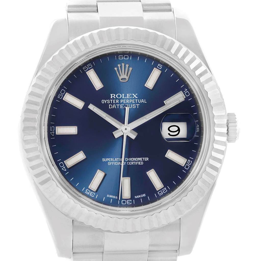 The Rolex Datejust 41 116334 Men's Stainless Steel Blue Dial 116334 Men's Stainless Steel Blue Dial is shown from a front angle, highlighting the blue dial, fluted bezel, and bracelet.