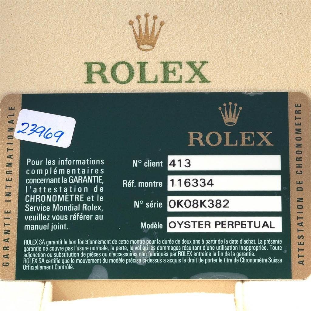 The image shows the warranty card for a Rolex Datejust 41 116334 Men's Stainless Steel Blue Dial 116334 Men's Stainless Steel Blue Dial model, including details such as the client number, reference number, and serial number.