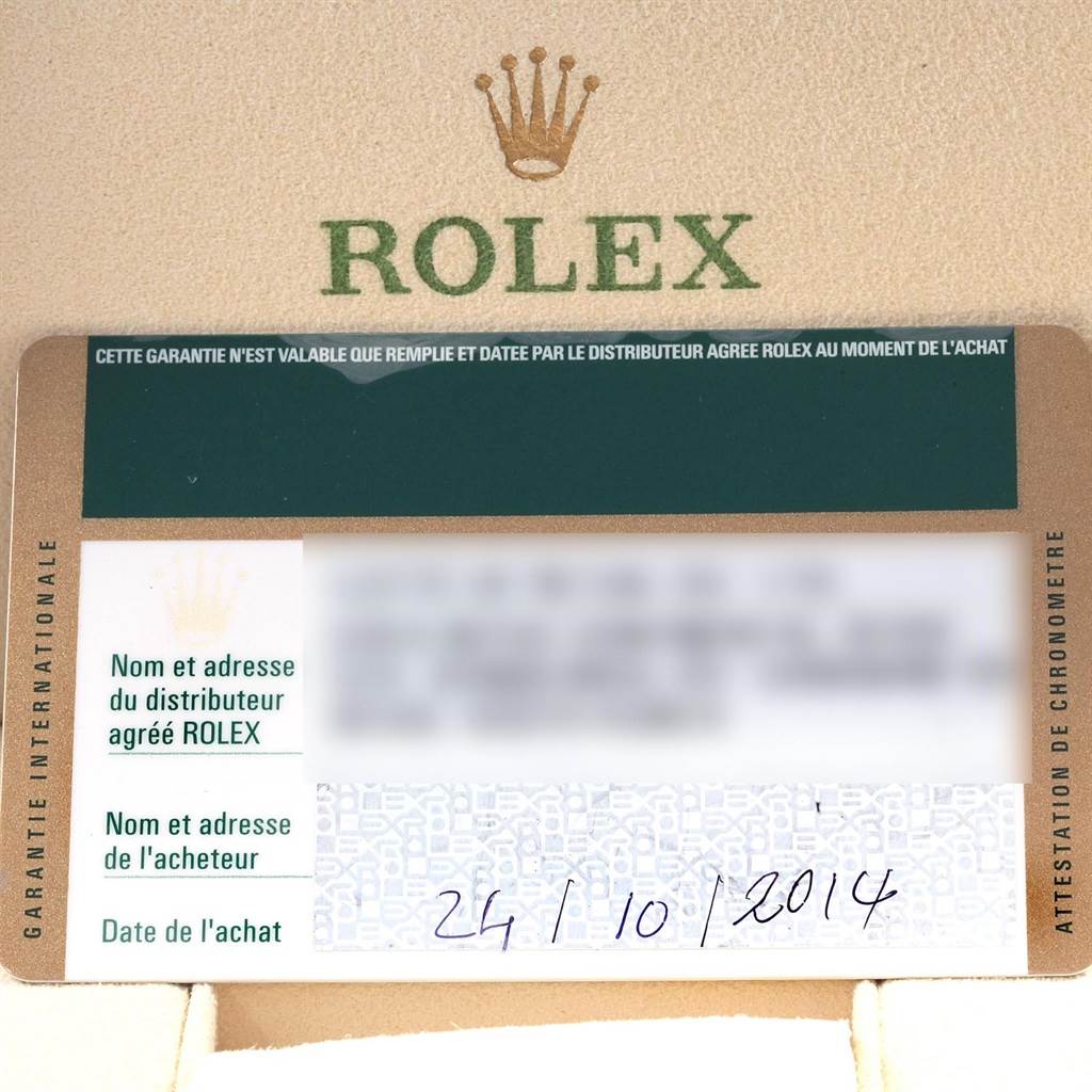 The image shows a warranty card for the Datejust 41 model by Rolex, featuring a blurred name/address and purchase date.
