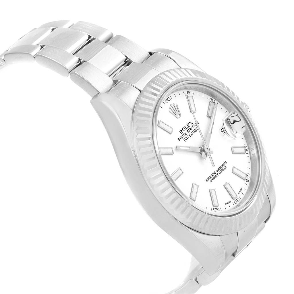 The image shows the Rolex Datejust 41 116334 Men's Stainless Steel White Dial 116334 Men's Stainless Steel White Dial watch from a side angle, highlighting its bracelet, case, and dial.